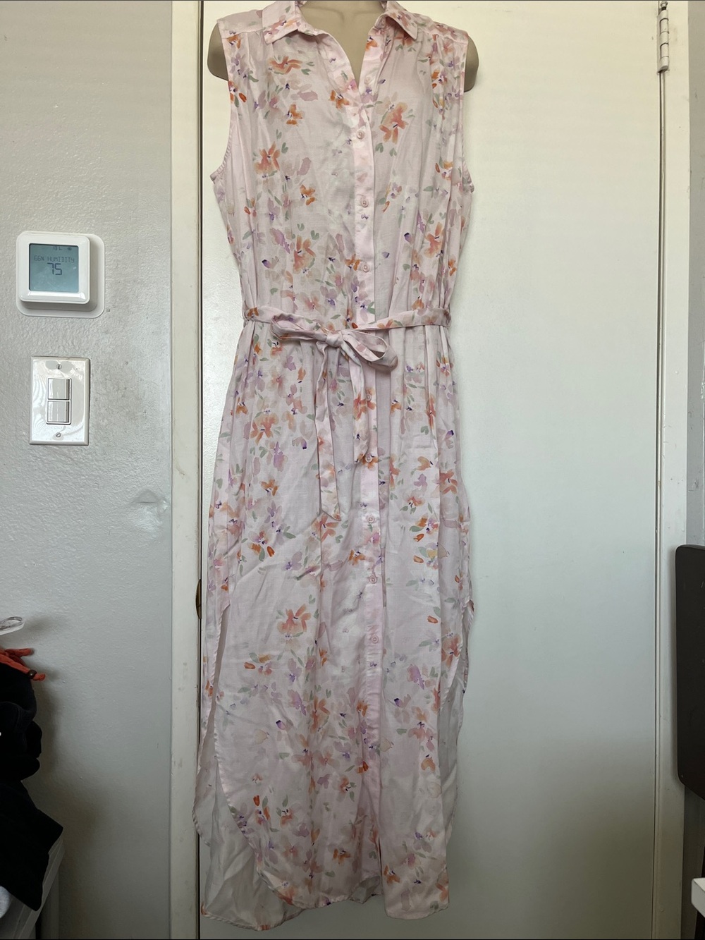 Sleeveless Pink Floral Shirt Dress with Tie Waist